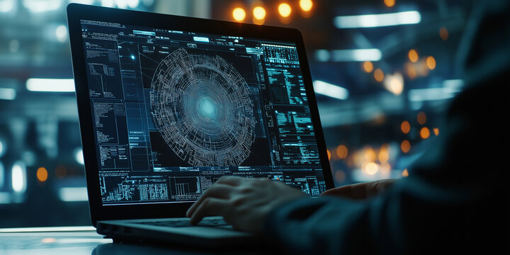 Advanced Security Software for Domestic Threat Prevention. A close-up of a laptop displaying sophisticated AI software used by American security services to analyze data and prevent terrorism.