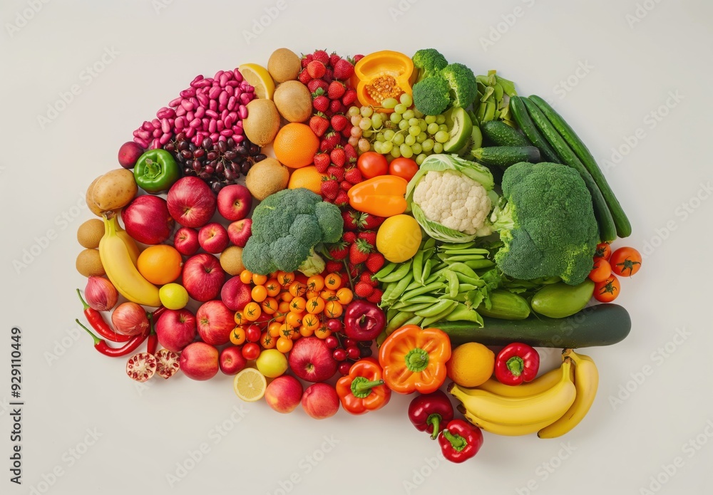 Poster a colorful assortment of fruits and vegetables are arranged in a way that resembles a brain. concept