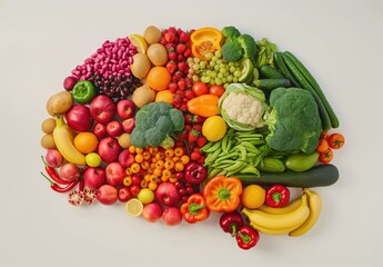 A colorful assortment of fruits and vegetables are arranged in a way that resembles a brain. Concept of healthy eating and the importance of consuming a variety of fruits