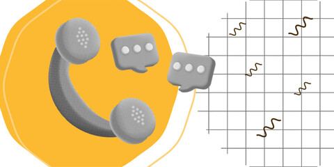 Trendy halftone 3D illustration with a retro phone icon and chat bubbles, set against a yellow and grid background