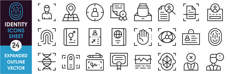 A set of line icons related to Identity. Face, fingerprint, documents, recognition, eyes, identity card, voice, gender, signature, and so on. Vector outline icons set.