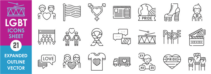 A set of line icons related to LGBT. LGBT, pride, love, month, cinema, gender, and so on. Vector outline icons set.