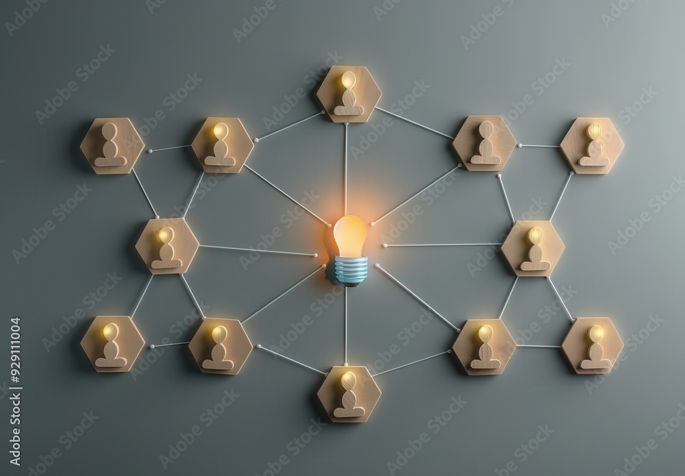 Poster a group of people are connected by a string to a light bulb