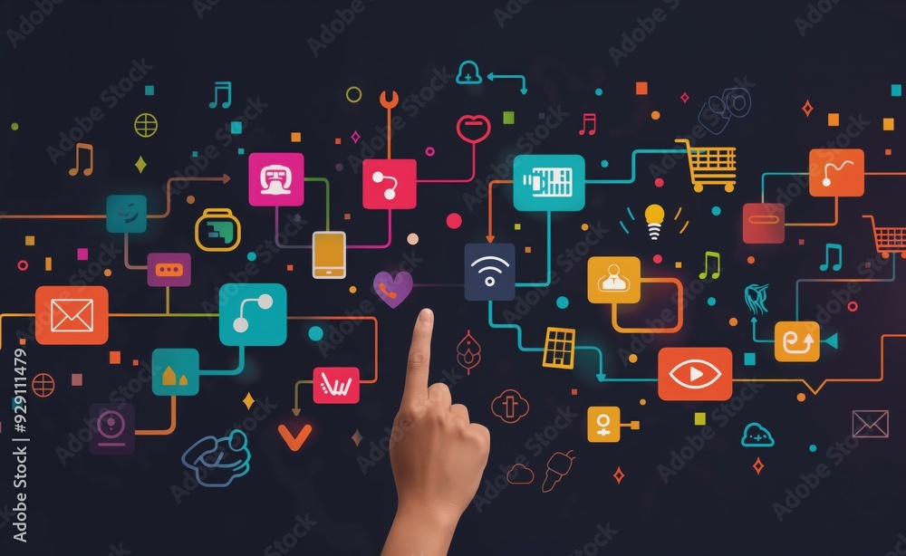 Aufkleber a hand pointing at a colorful web of icons and buttons