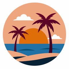 Sea beach at sunset with palm trees vector illustration 