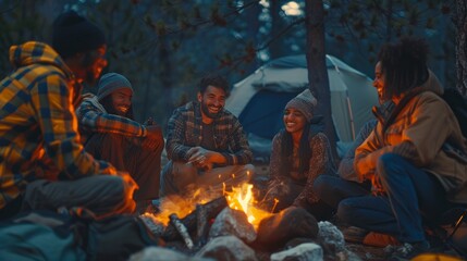 All the friends together in front of the fire