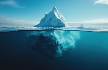 A large ice block is floating in the ocean. The water is blue and the sky is clear