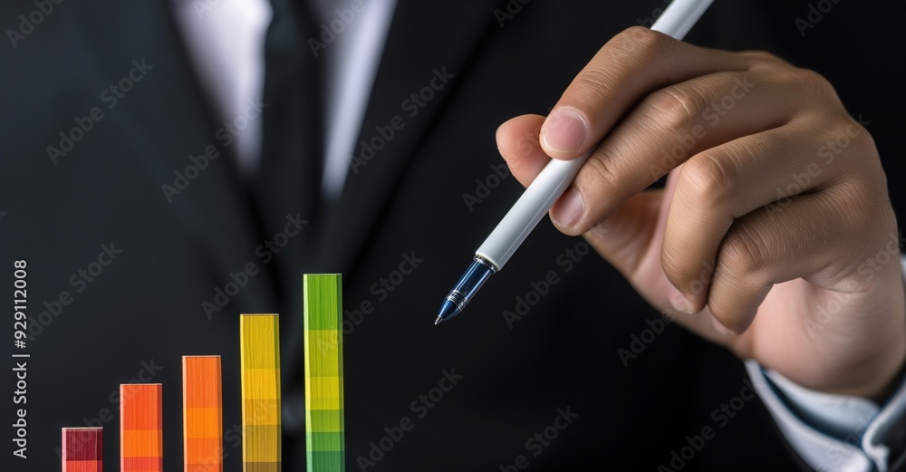 Poster a man in a suit is writing with a pen on a graph. the graph has three lines, and the man is writing 