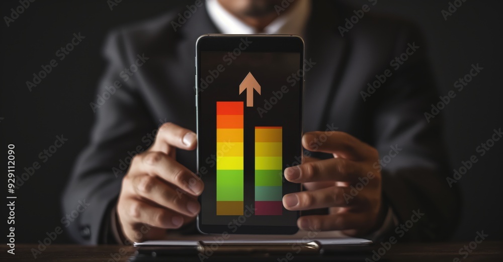 Poster a man is holding a tablet with a graph showing a downward trend. concept of disappointment or concer