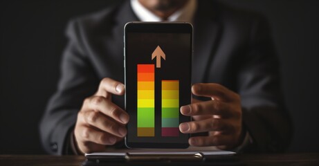 A man is holding a tablet with a graph showing a downward trend. Concept of disappointment or concern about the current situation