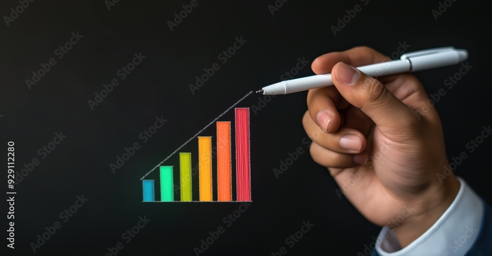Poster a person is drawing a graph with a pen on a black background. the graph is a series of colored bars,