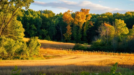 Naklejka premium Farm field in late summer or early fall, with golden grains and early autumn colors in the trees, capturing the transition from summer to harvest season.