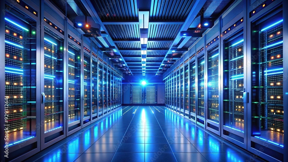 Poster sleek, modern server room with rows of humming servers, blinking lights, and intricate cables, symbo