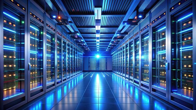 Sleek, modern server room with rows of humming servers, blinking lights, and intricate cables, symbolizing virtual private server technology and data storage.