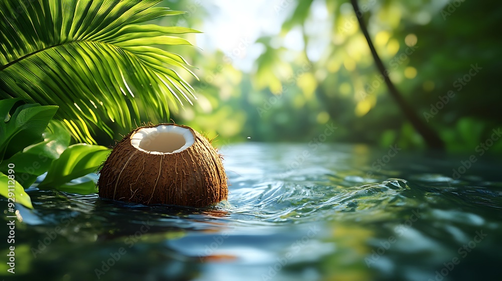 Poster a half coconut shell floating on a tranquil stream with lush greenery in the background.