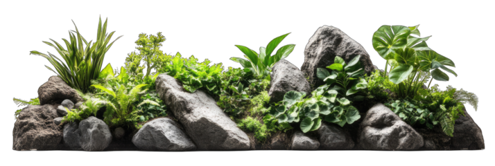 A rock garden with a variety of plants and rocks