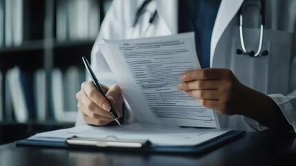 Doctor reviewing medical paperwork with a pen