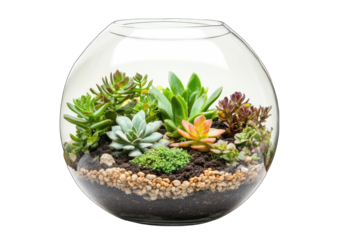 A glass vase with a variety of plants in it