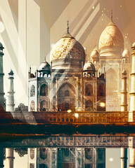 Agra, India: Skyline Double Exposure Composite - A large building with domes and a body of water