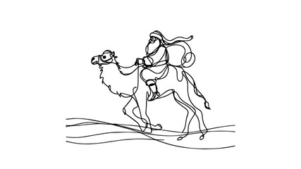 Santa riding a camel one line illustration