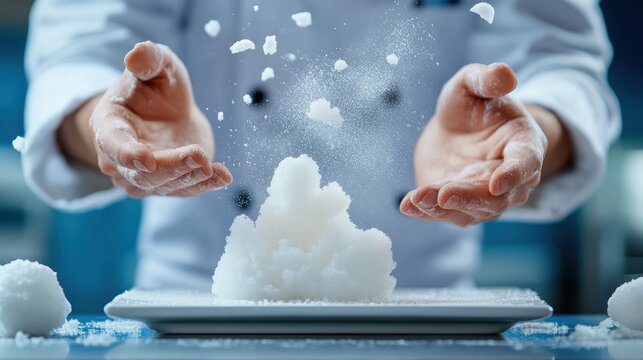A chef skillfully sprinkling salt over a plate, showcasing culinary expertise in a dynamic, vibrant kitchen environment.