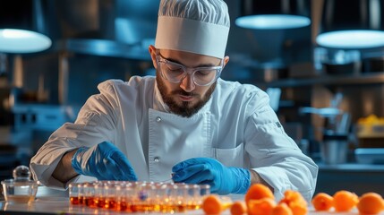 A culinary expert meticulously creates innovative dishes in a modern kitchen, showcasing precision and creativity in gastronomy.