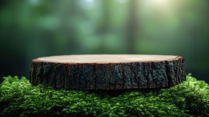 Close-Up of Wooden Podium on Green Moss in Forest for Natural Product Presentation with Copy Space on Tree Trunk Slice