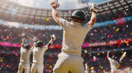 Cricket players cheering after victory.