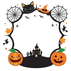 Black Halloween frame with orange pumpkins, bats and spiders on the web, with holiday attributes, the head of a black cat with green eyes, vector silhouette. 