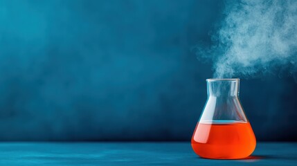 A glass flask containing vibrant orange liquid, emitting steam against a deep blue background, ideal for science and chemistry themes.