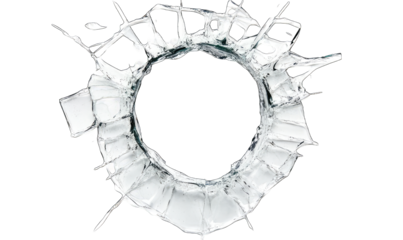 A shattered glass window with water dripping from it