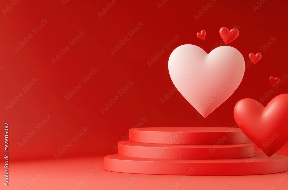 Poster red heart podium with valentine's day background, vector presentation design illustration. cute desi
