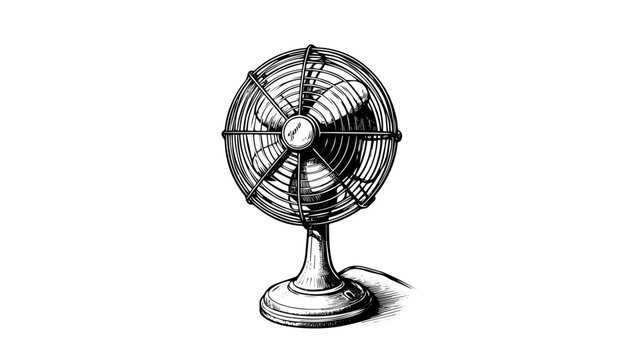 recommend clip art: realistic line art illustration of a vintage oscillating desk fan 