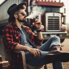 A young truck driver seated on a chair, smoking a cigarette, wearing a flannel shirt, a hat, and blue jeans.