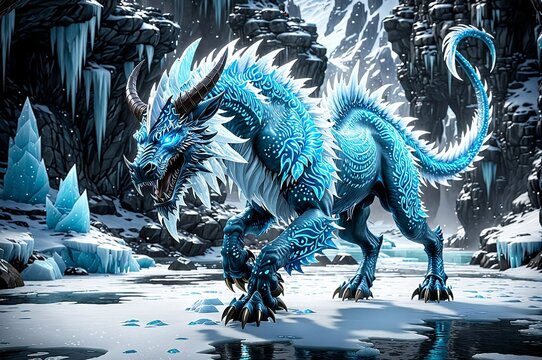 A blue dragon with red eyes stands on a snowy mountain