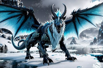 A blue dragon with red eyes stands on a snowy mountain