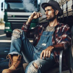 A young truck driver seated on a chair, smoking a cigarette, wearing a flannel shirt, a hat, and blue jeans.