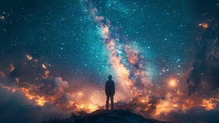 Obraz premium Silhouette of a man standing under the colorful twinkling night sky on a hill. While looking at the stars and various celestial objects.