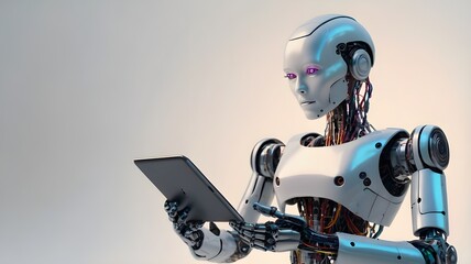 Ai robot using tablet isolated on white background
