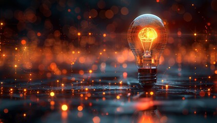 A light bulb with a glowing core resembling an abstract brain, surrounded floating data points and digital patterns symbolizing innovation in technology 