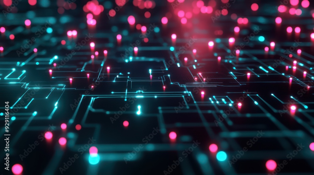 Poster a computer chip with many small red and blue dots