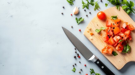 A vibrant kitchen scene featuring fresh chopped vegetables, a sharp knife, and herbs on a wooden cutting board.