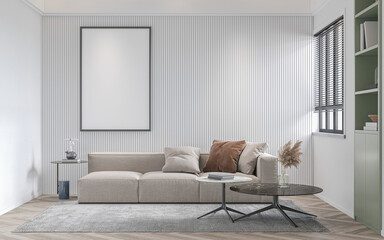 mock up poster frame in interior background, living room. 3D render, 3D illustration