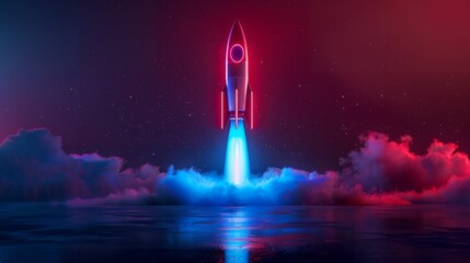 Colorful rocket launching with neon light and smoke