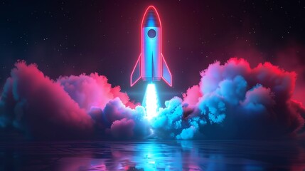Fototapeta premium Colorful rocket launching with neon light and smoke