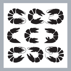 Black Shrimp Vector Silhouette , set of shrimp illustration. hand drawn black and white shrimp line art illustration, Shrimp icon vector art silhouette