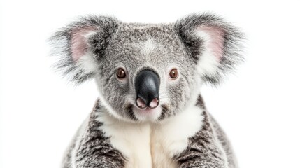 Fototapeta premium A close-up of a koala with fluffy ears and a distinctive nose against a white background.