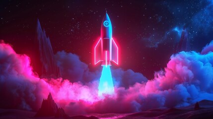 Fototapeta premium Colorful rocket launching with neon light and smoke