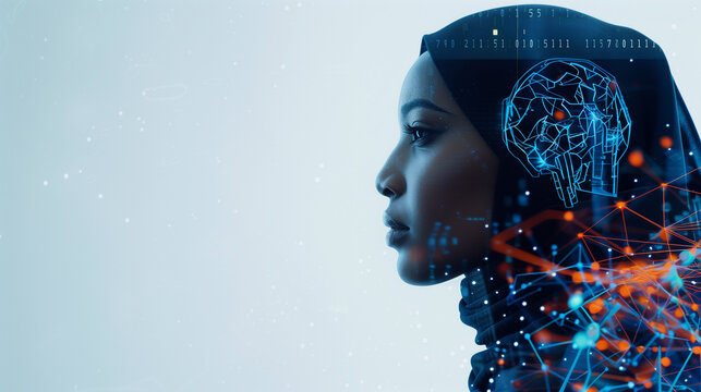 side profile portrait of an Arabian middle eastern female with a tech pattern overlay, portraying a cyber security analyst of artificial intelligence and the future of ai in the UAE workplace. AI Gen	