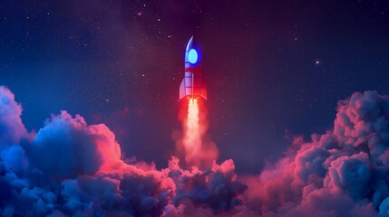 Naklejka premium Colorful rocket launching with neon light and smoke